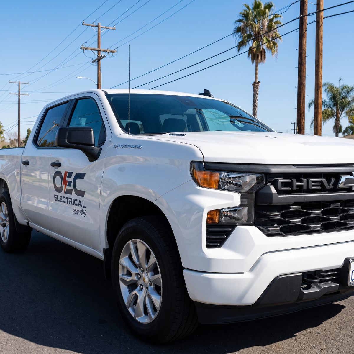 White OEC Electrical Chevrolet Silverado service truck on a street beneath utility poles and power lines